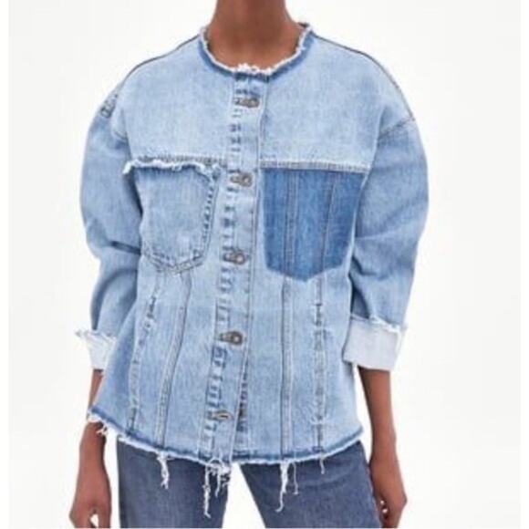 ZARA TRF Collarless Frayed Denim Jacket Size XS - Picture 1 of 14